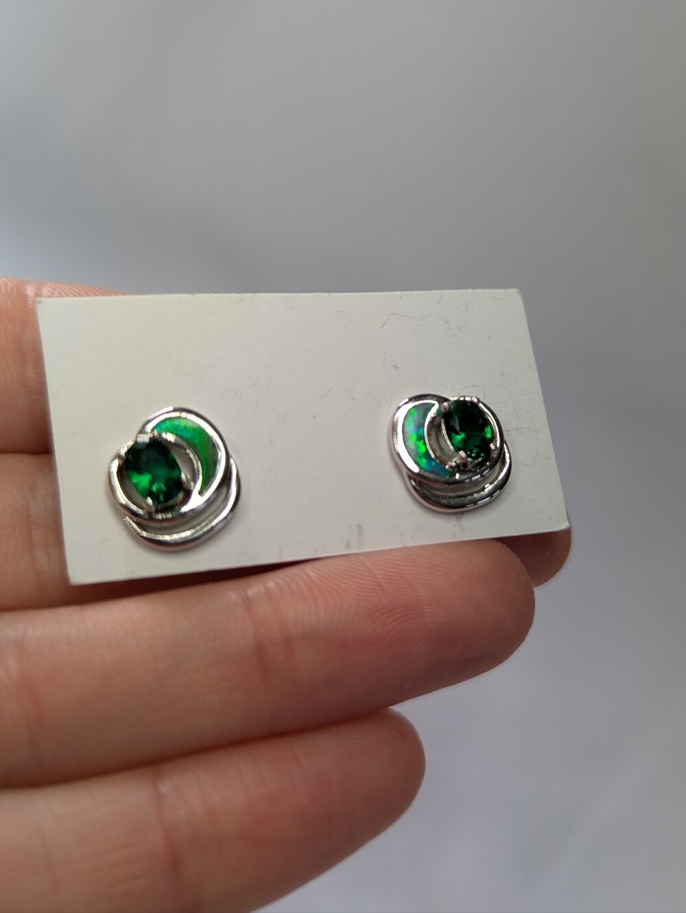 Green Crystal And Opal Silver Stud Earrings